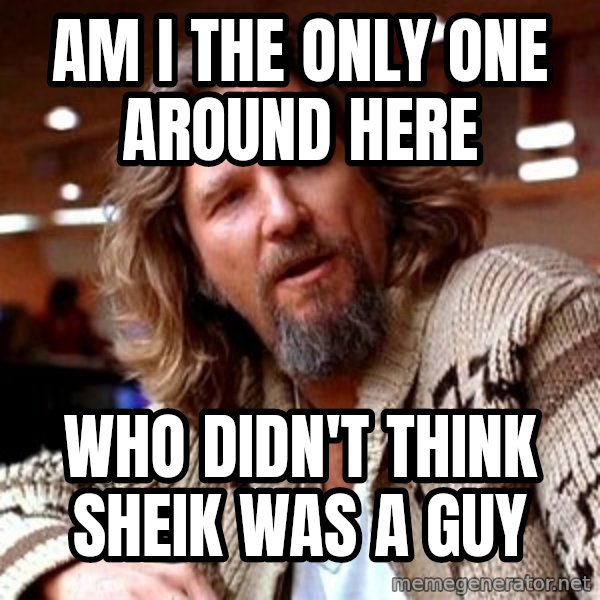 Big Lebowski meme: AM I THE ONLY ONE AROUND HERE / WHO DIDN'T THINK SHEIK WAS A GUY