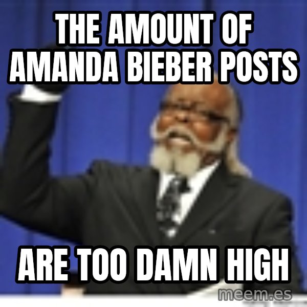 Too high meme: The amount of Amanda bieber posts / are  too damn high