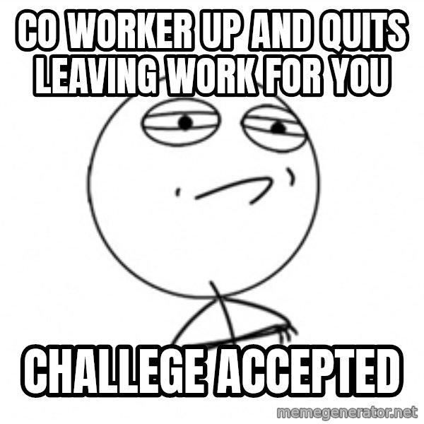 Challenge Accepted 2 meme: co worker up and quits leaving work for you / challege accepted