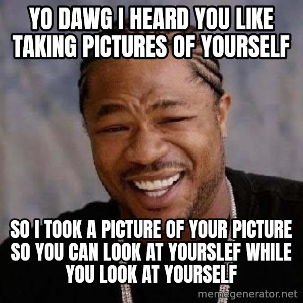 Yo Dawg meme: yo dawg i heard you like taking pictures of yourself / so i took a picture of your picture so you can look at yourslef while you look at yourself