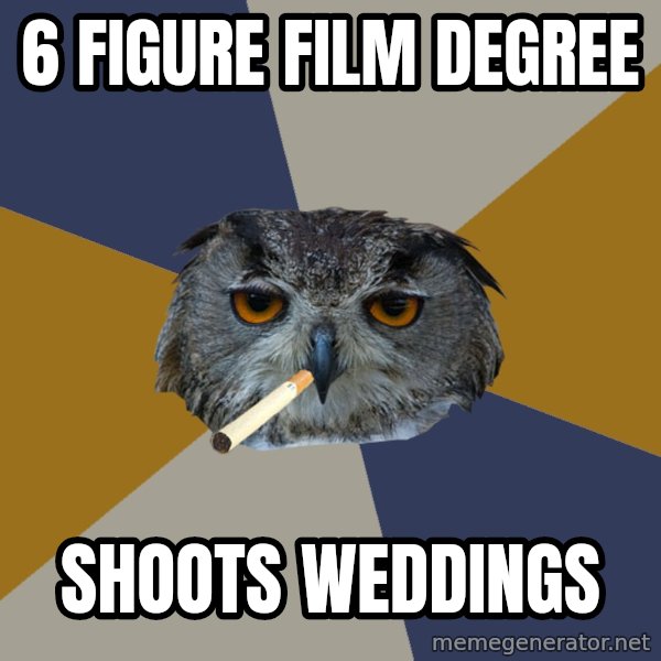 Art Student Owl meme: 6 figure film degree / shoots weddings