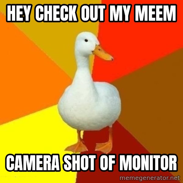 Technologically Impaired Duck meme: Hey check out my meem / camera shot of monitor
