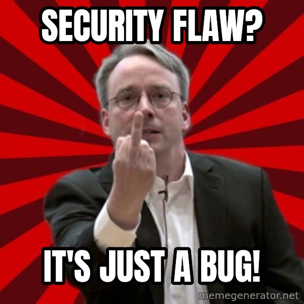 Angry Linus meme: Security FLAW? / It's just a bug!