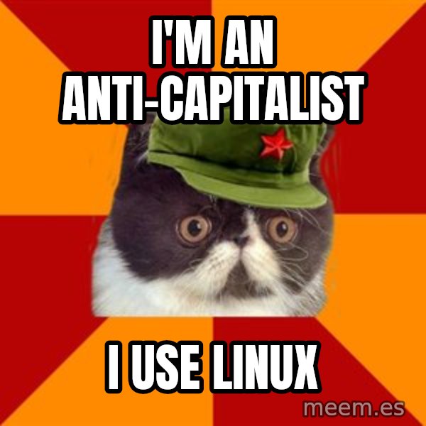 Communist Cat meme: i'm an anti-capitalist / i use linux