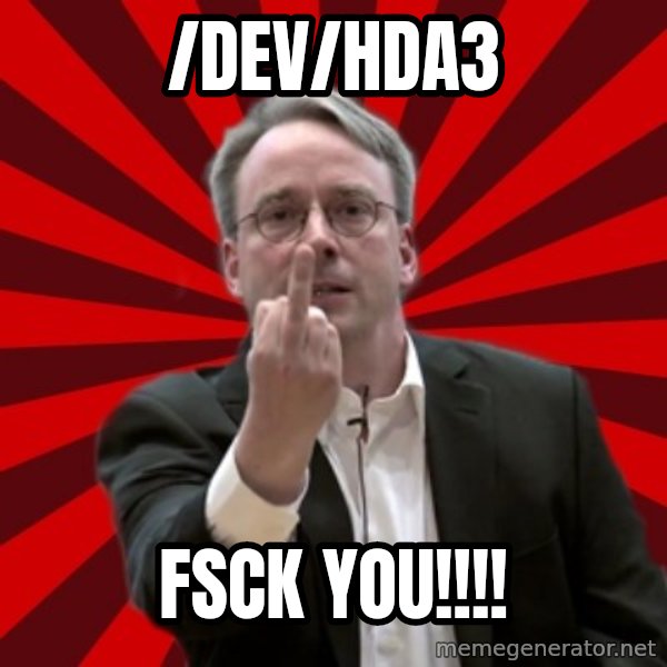 Angry Linus meme: /dev/hda3 / FSCK YOU!!!!