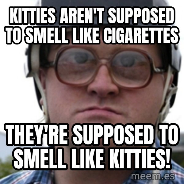 Bubbles Trailer Park Boy meme: Kitties aren't SUPPOSED to smell like cigarettes / They're supposed to smell like kitties!