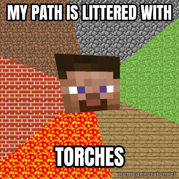 Minecraft Guy meme: My path is littered with / Torches