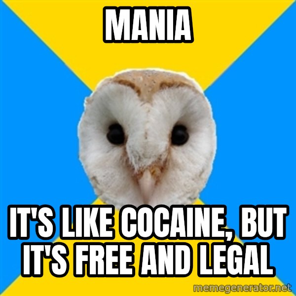 Bipolar Owl meme: mania / it's like cocaine, but it's free and legal