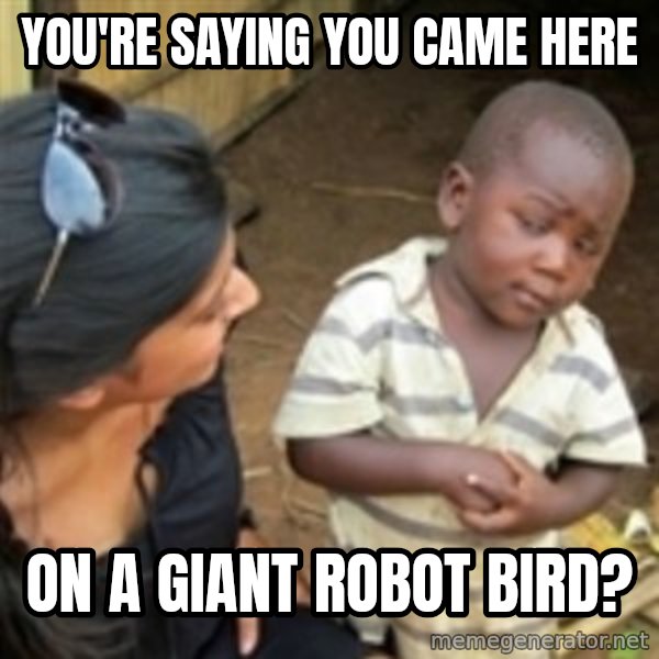 Skeptical african kid  meme: you're saying you came here / on a giant robot bird?