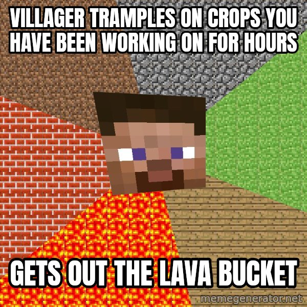Minecraft Guy meme: villager tramples on crops you have been working on for hours / gets out the lava bucket