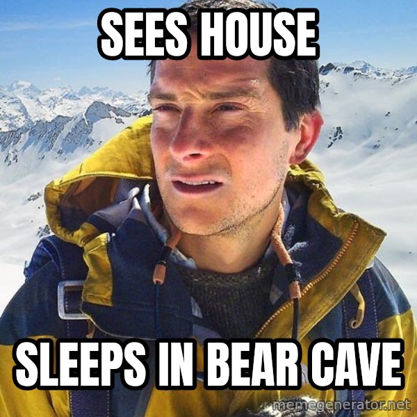Bear Grylls Loneliness meme: SEES HOUSE / sleeps in bear cave
