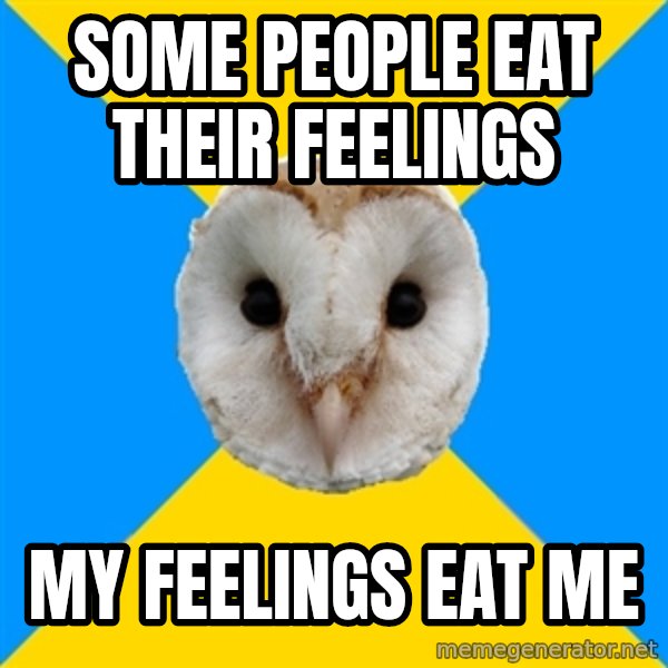 Bipolar Owl meme: some people eat their feelings / my feelings eat me