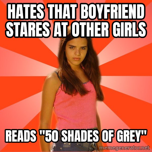 Jealous Girl meme: hates that boyfriend stares at other girls / reads "50 shades of grey"