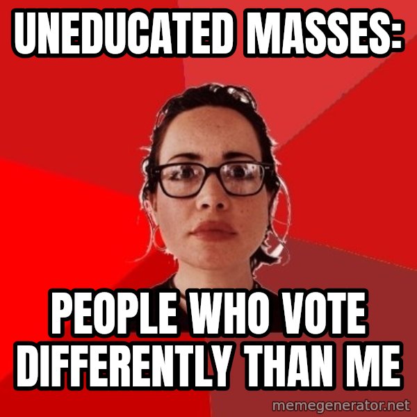 Liberal Douche Garofalo meme: uneducated masses: / people who vote differently than me