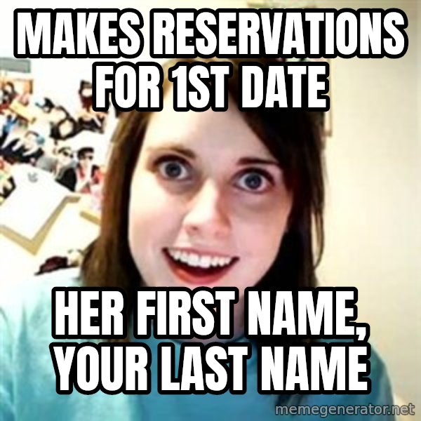 Overly Attached Girlfriend meme: Makes reservations for 1st date / her first name, your last name