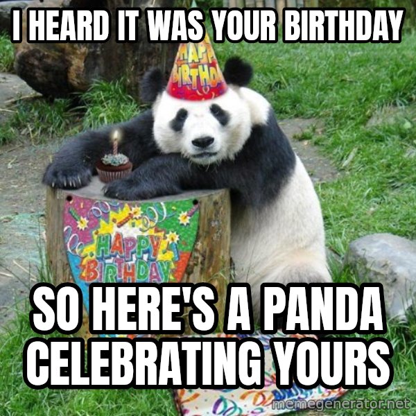Happy Birthday Panda meme: I heard it was your birthday / so here's a panda celebrating yours