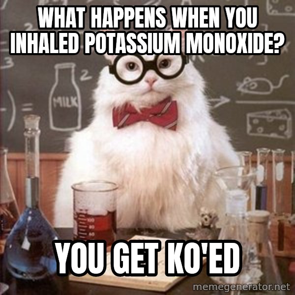 Chemistry Cat meme: WHAT HAPPENS WHEN YOU INHALED POTASSIUM MONOXIDE? / YOU GET KO'ED
