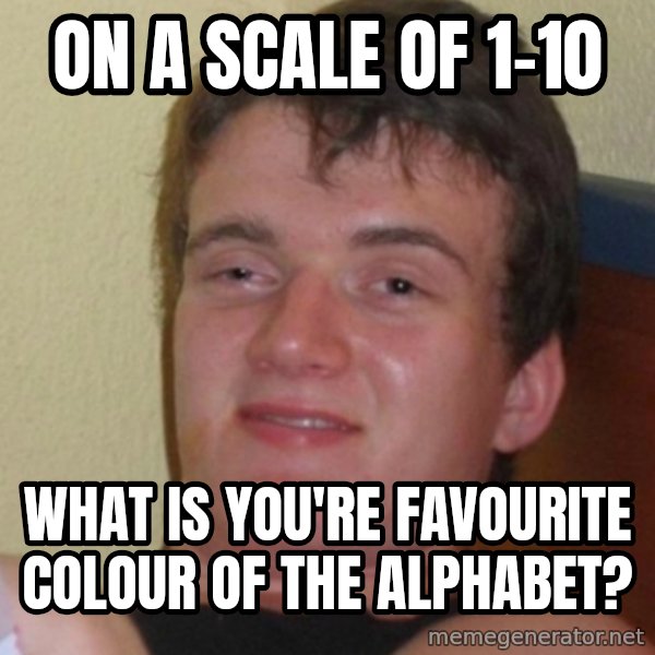 Stoner Stanley meme: on a scale of 1-10 / what is you're FAVOURITE colour of the alphabet?