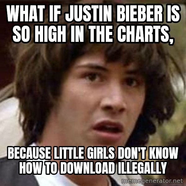 Conspiracy Keanu meme: What if justin bieber is so high in the charts, / because little girls don't know how to download illegally