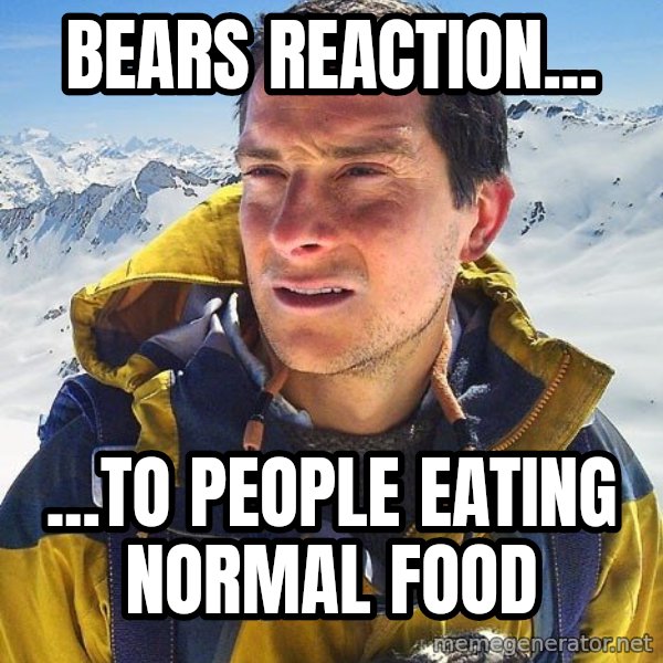 Bear Grylls Loneliness meme: Bears Reaction... / ...To people eating normal food