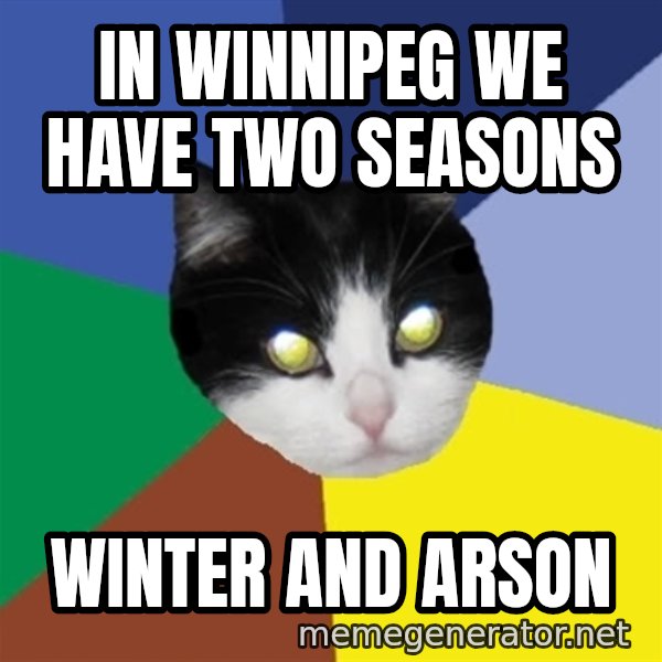 Winnipeg Cat meme: in winnipeg we have two seasons / winter and arson