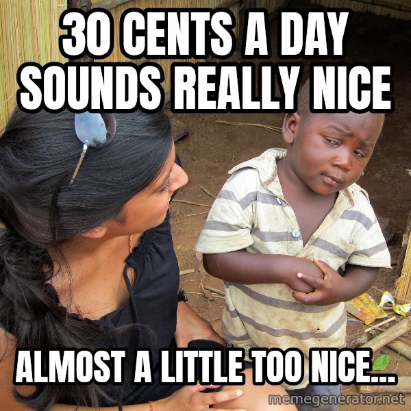 Skeptical African Child meme: 30 cents a day sounds really nice / almost a little too nice...
