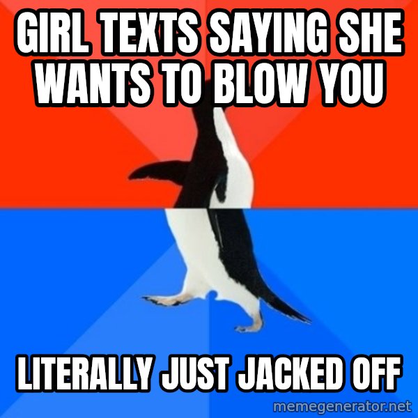 Socially Awesome Awkward Penguin meme: Girl texts saying she wants to blow you / Literally just jacked off