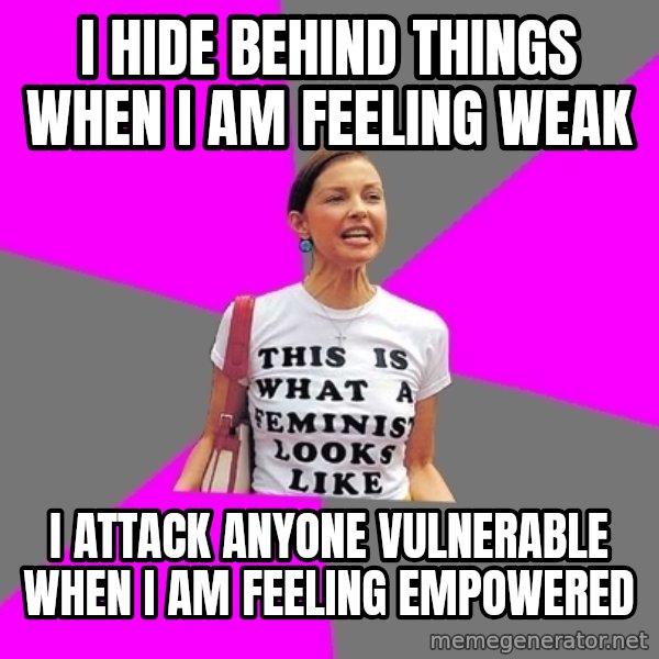 Feminist Cunt meme: i hide behind things when i am feeling weak / i attack anyone vulnerable when i am feeling empowered