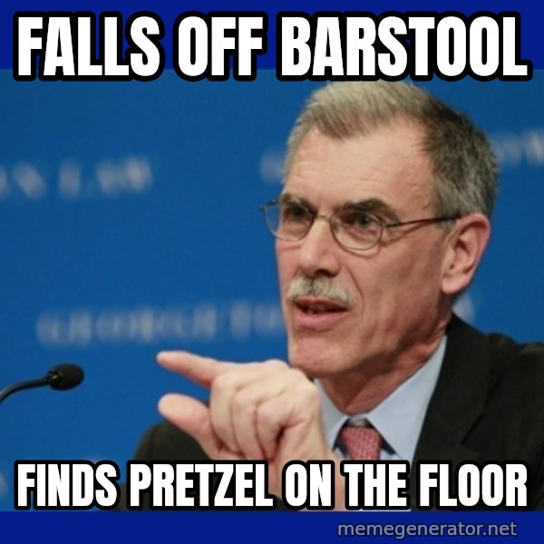 Donald Verrelli meme: Falls off barstool / Finds pretzel on the Floor