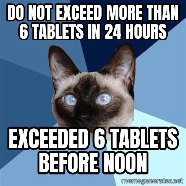 Chronic Illness Cat meme: do not exceed more than 6 tablets in 24 hours / exceeded 6 tablets before noon