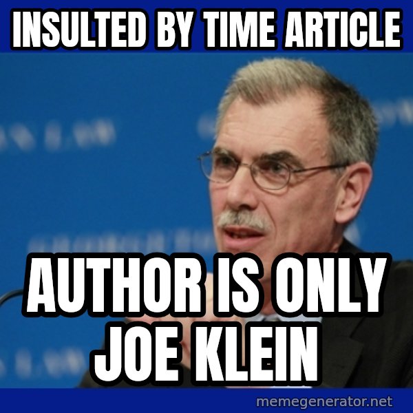 Donald Verrelli meme: Insulted by TIME ARTICLE / author is ONLY joe klein
