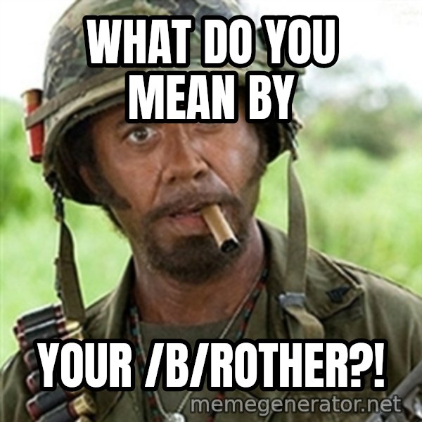 Tropic Thunder meme: what do you mean by / your /B/rother?!