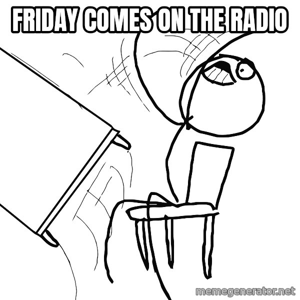 Desk Flip Rage Guy meme: friday comes on the radio