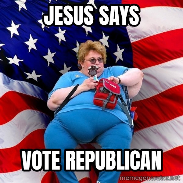 Obese American meme: jesus says / vote republican