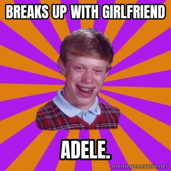 Unlucky Brian Strikes Again meme: Breaks up with girlfriend / ADELE.
