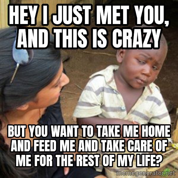 Skeptical 3rd World Kid meme: Hey I just met you, and this is crazy / but you want to take me home and feed me and take care of me for the rest of my life?