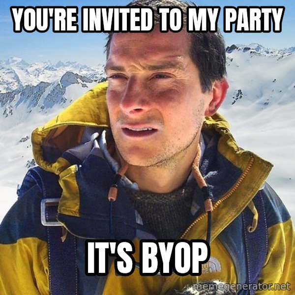 Bear Grylls Loneliness meme: you're invited to my party / it's byop