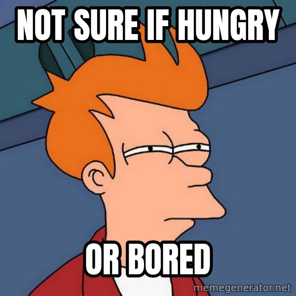 Futurama Fry meme: not sURE IF HUNGRY / OR BORED