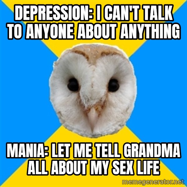Bipolar Owl meme: Depression: I can't talk to anyone about anything / Mania: Let me tell grandma all about my sex life