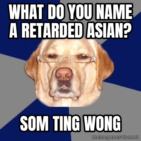 Racist Dawg meme: What do you name a retarded Asian? / Som Ting Wong