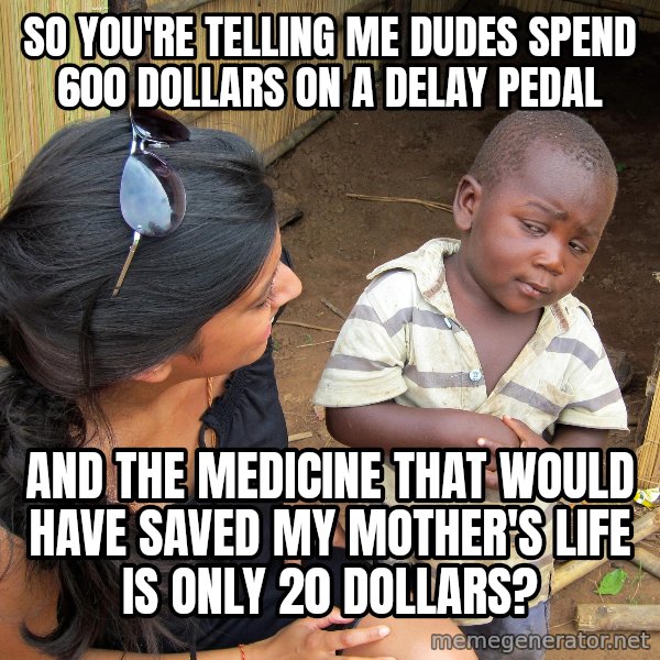 Skeptical 3rd World Kid meme: So you're telling me dudes spend 600 dollars on a delay pedal / and the medicine that would have saved my mother's life is only 20 dollars?