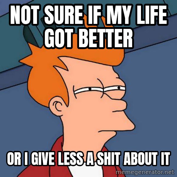 Futurama Fry meme: Not sure if my life got better / or i give less a shit about it