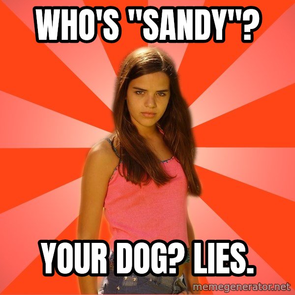 Jealous Girl meme: WHo's "sandy"? / Your dog? LIES.