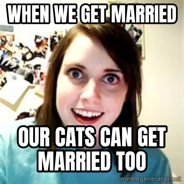 Overly Attached Girlfriend meme: when we get married / our cats can get married too