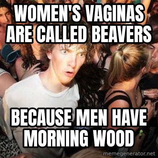 Sudden Realization Ralph meme: women's vaginas are called beavers / because men have morning wood