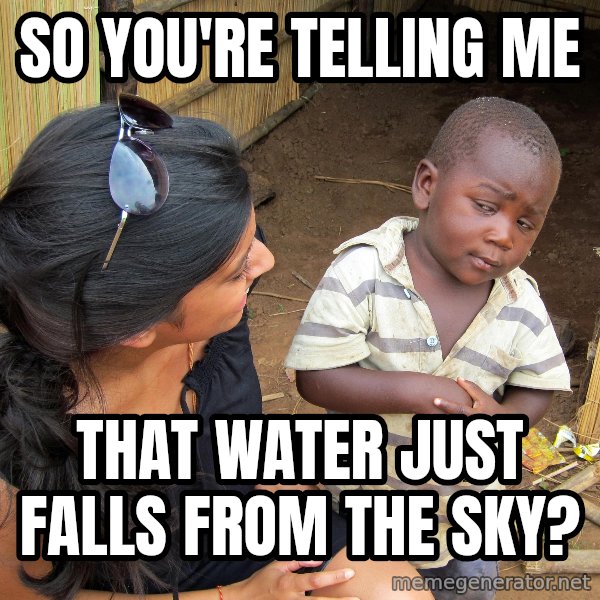 Skeptical African Child meme: So you're telling me / that water just falls from the sky?