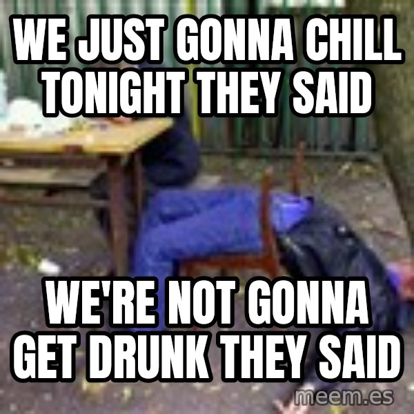 drunk meme: we just gonna chill tonight they said / we're not gonna get drunk they said