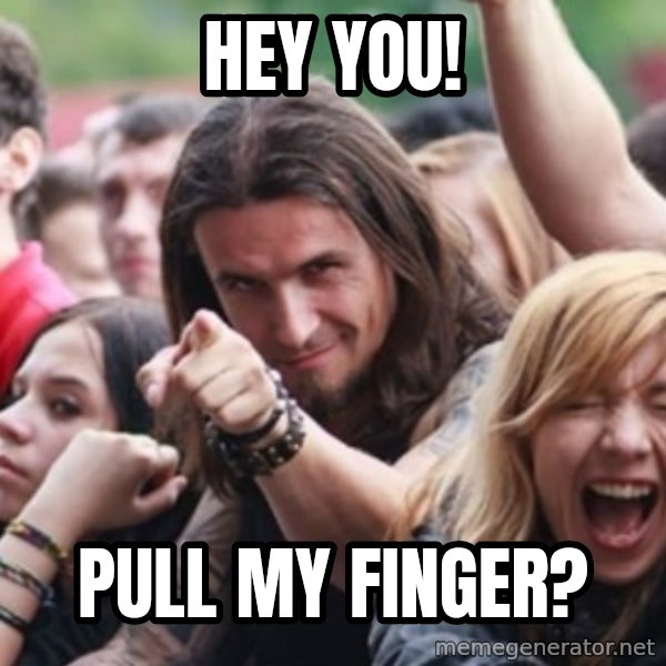 Ridiculously Photogenic Metalhead meme: hey you! / pull my finger?