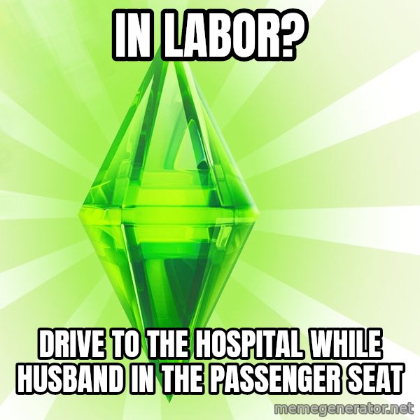 Sims meme: IN LABOR? / DRIVE TO THE HOSPITAL WHILE HUSBAND IN THE PASSENGER SEAT