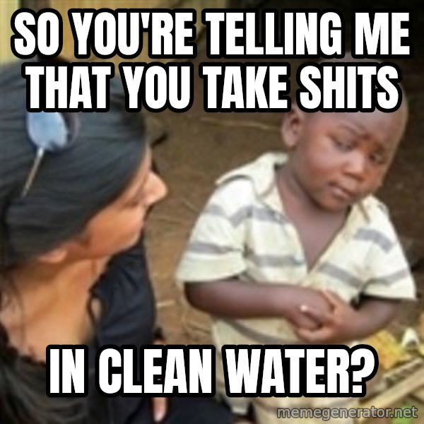 Skeptical 3rd World Kid meme: so you're telling me that you take shits / in clean water?